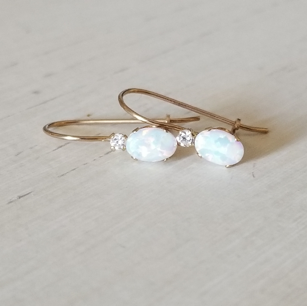 10K Gold Opal & CZ Leverback Earrings
